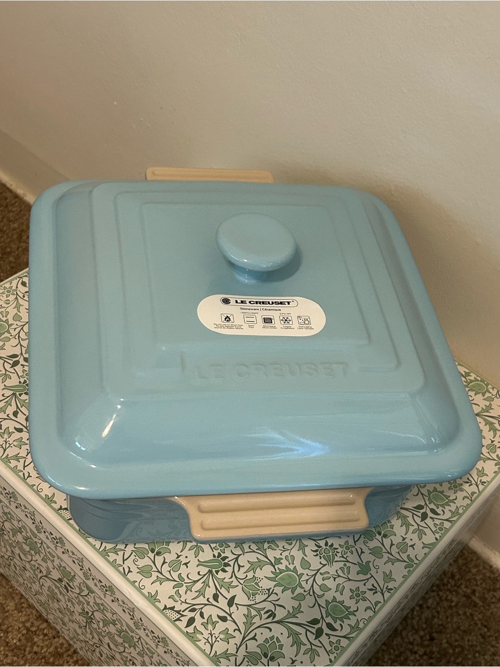 Le Creuset Light Blue Square Covered Casserole with Cream Handles